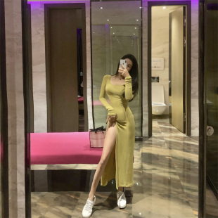 长袖 2020春装 气质修身 网红女神显腿长高开叉长裙韩版 连衣裙 新款