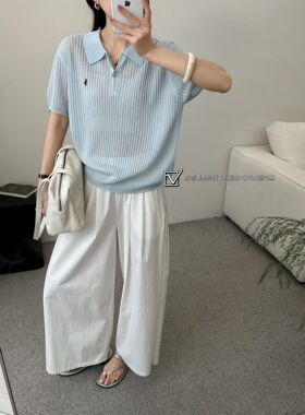 紫依1585夏季新款高级感POLO领薄款针织衫短袖T恤女小马刺绣上衣