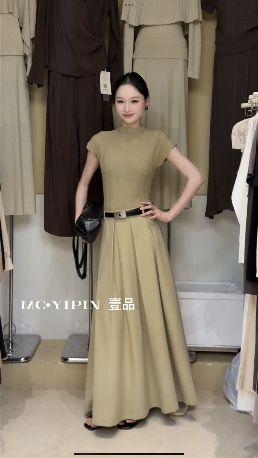 2026优雅通勤女装两件套坑条立领针织上衣配腰带高腰大摆裙装套装图片