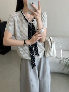 紫依2026夏季新款韩版波点丝巾圆领短袖针织衫女宽松显瘦毛衣上衣