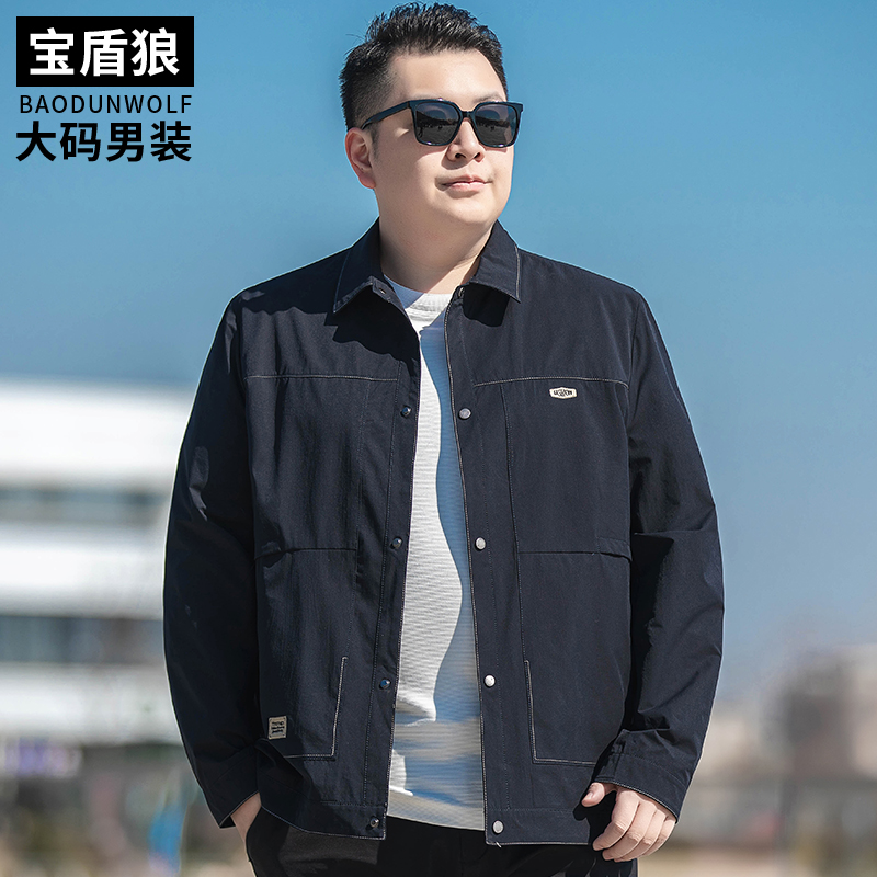 单排扣茄克衫男加肥大码春季外套胖子休闲翻领辑明线工装夹克上衣