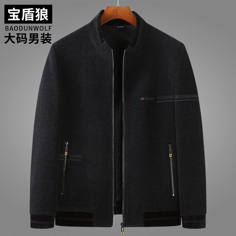 秋冬加大码男装中老年夹棉中厚夹克衫特大号肥佬宽松立领夹克外套