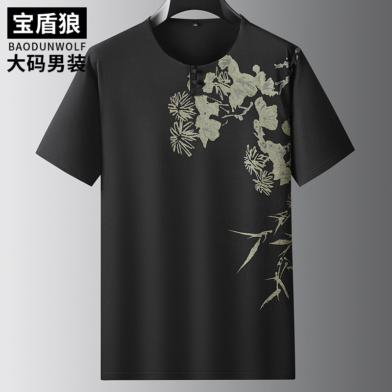 盘扣圆领半袖t恤男加肥大码夏装