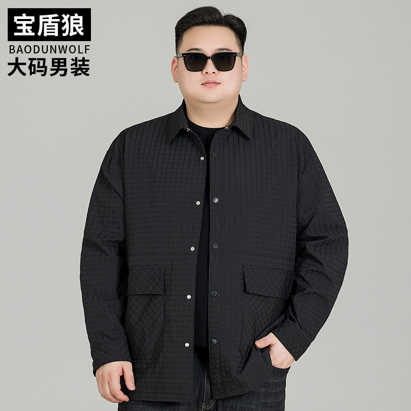 加肥加大宽松格纹夹克男翻领秋季薄款外套胖子休闲百搭大码茄克衫