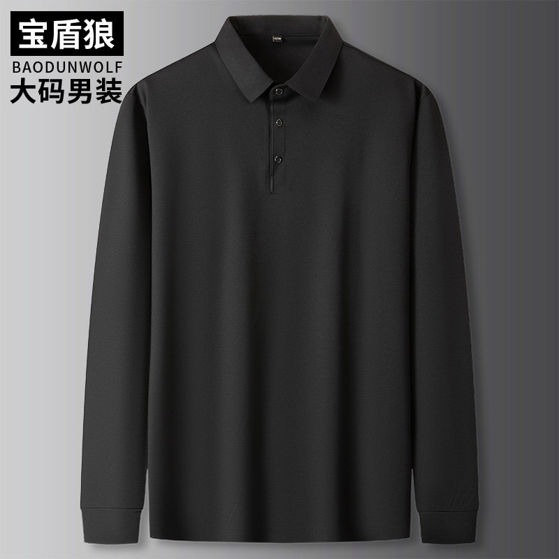 加肥特大码长袖T恤男商务休闲上衣含桑蚕丝羊毛春装胖子宽松体恤