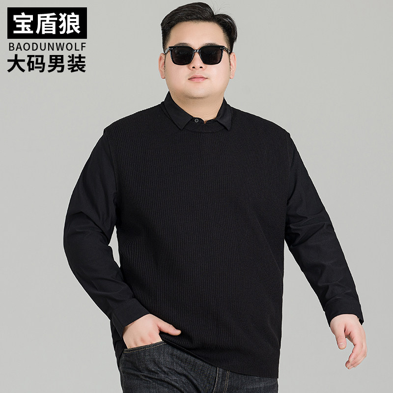 加肥加大号假两件毛衫男士秋季新款肥佬宽松衬衫领长袖大码针织衫