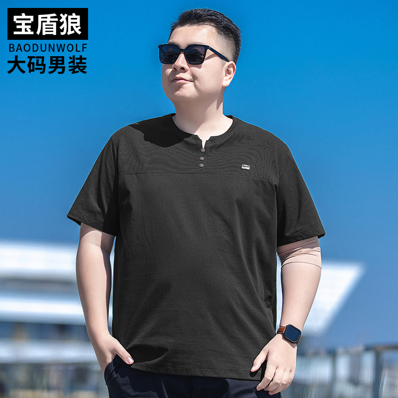 加肥加大码半袖t恤男士圆领三粒扣夏装胖子宽松薄款棉质短袖体恤
