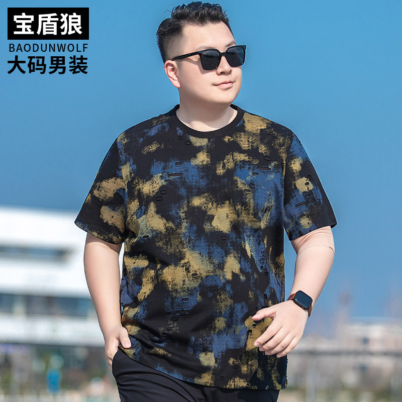 肥佬时尚潮流圆领破洞花短袖t恤