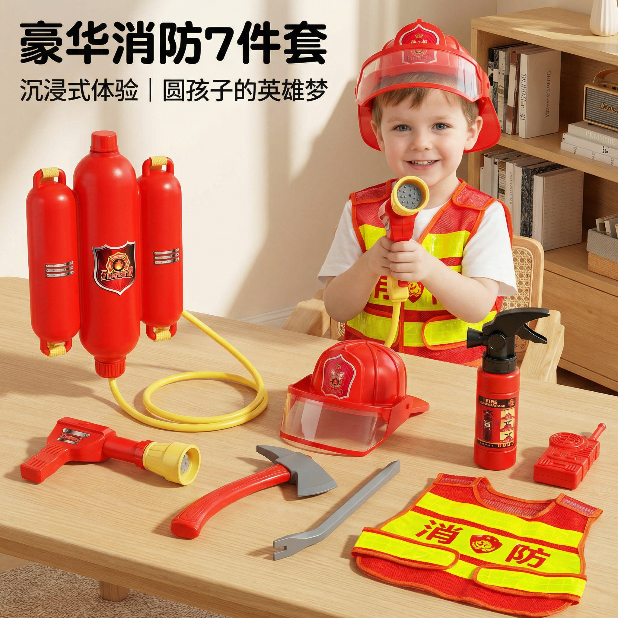 儿童消防员玩具套装仿真灭火器水枪帽子过家家角色扮演服装男女孩