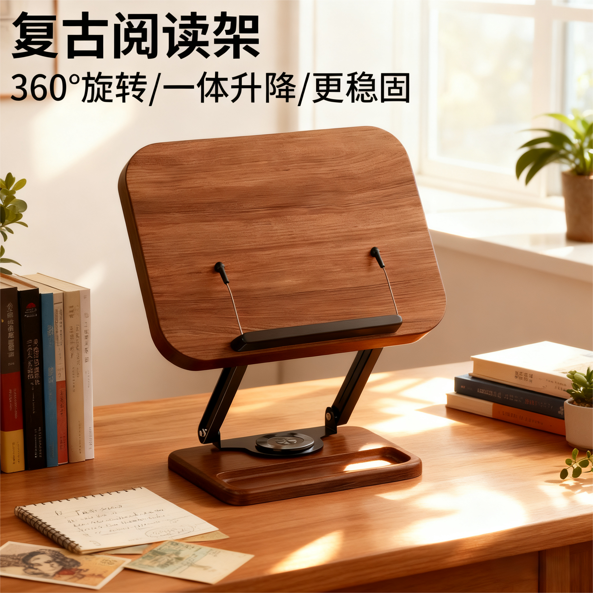 【复古色胡桃木书架】可旋转升降