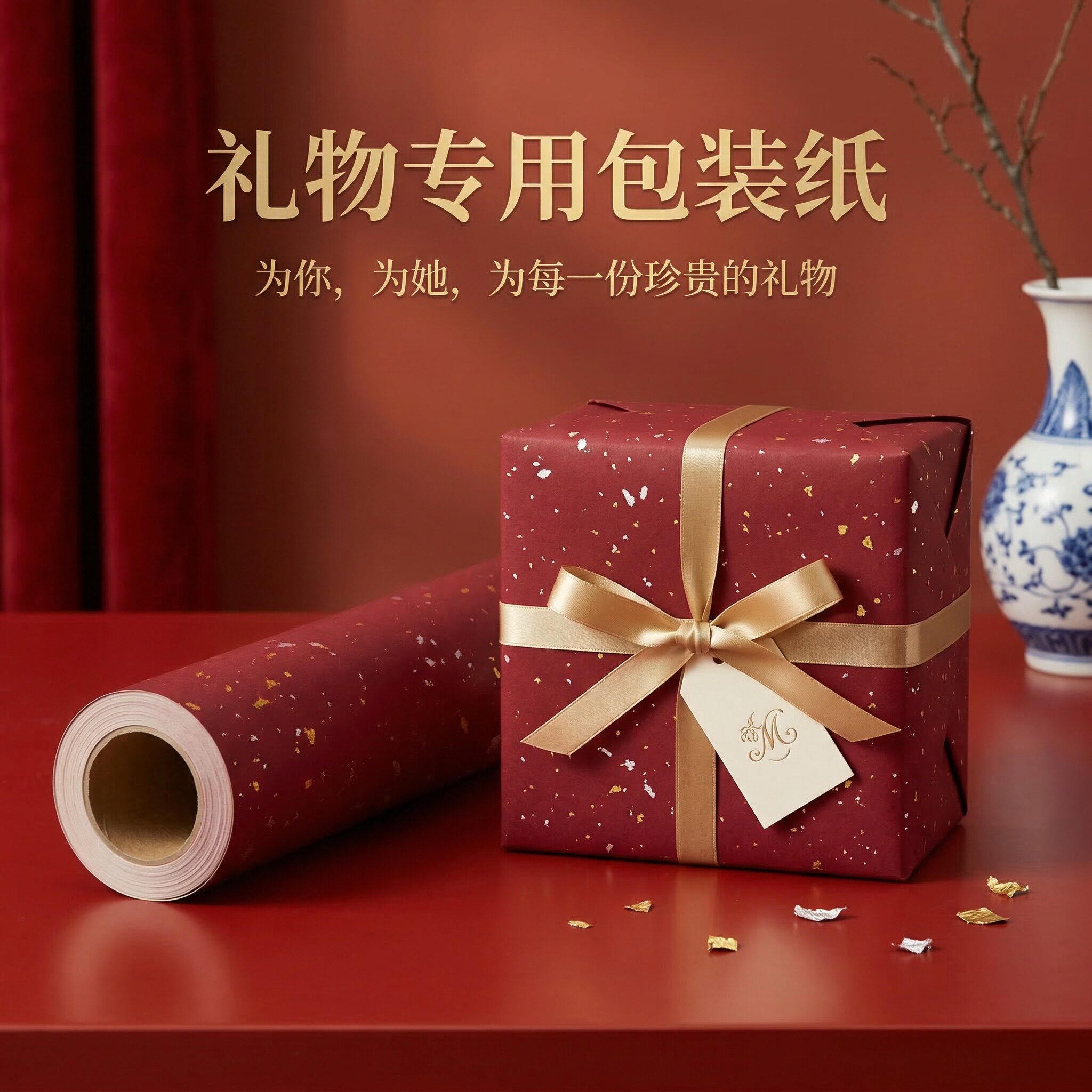 礼物专用包装纸礼品纸卷筒款结婚洒金生日鲜花彩纸520情人节红色喜庆礼盒包高级感男女生超大尺寸整卷ins材料