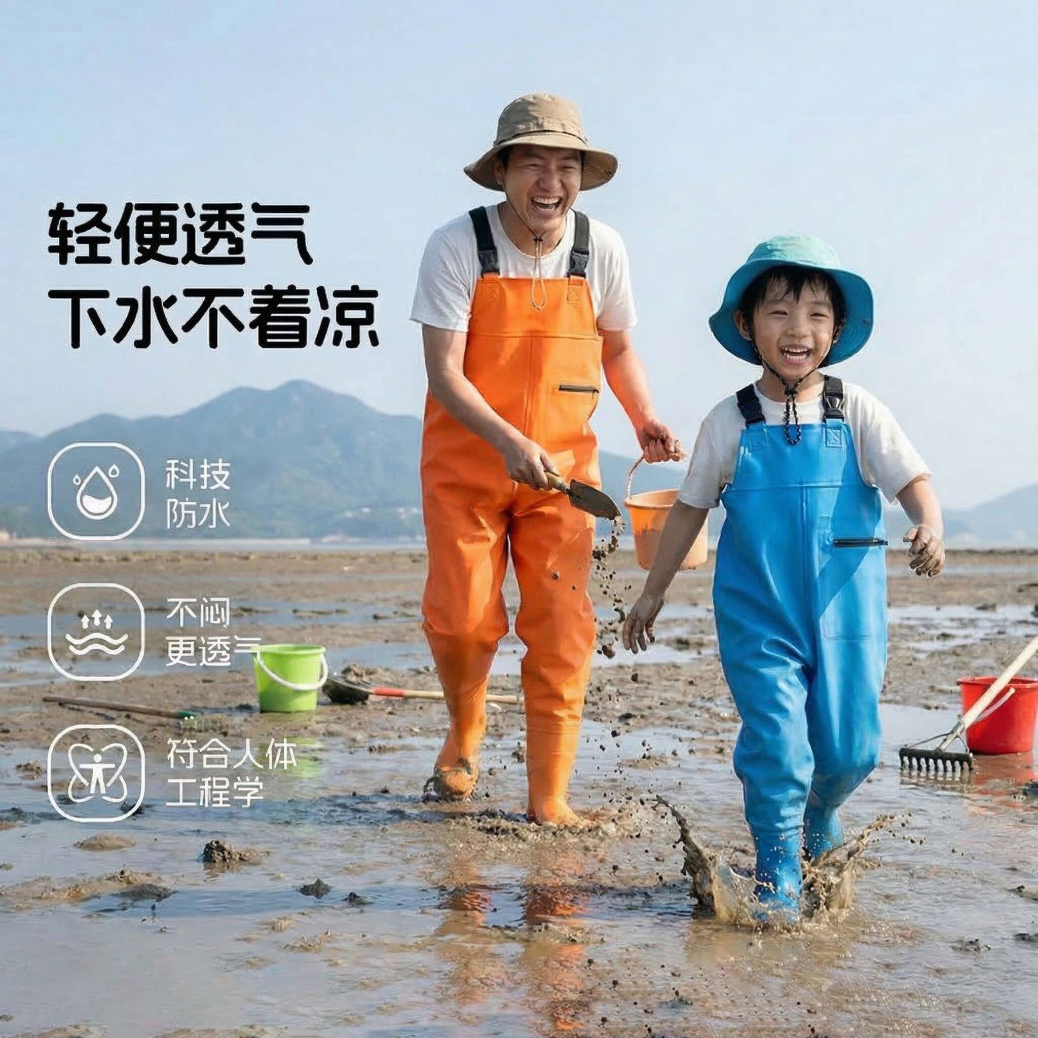 儿童赶海连身裤玩水服全身防水雨裤雨靴一体下水裤涉水幼儿园装备