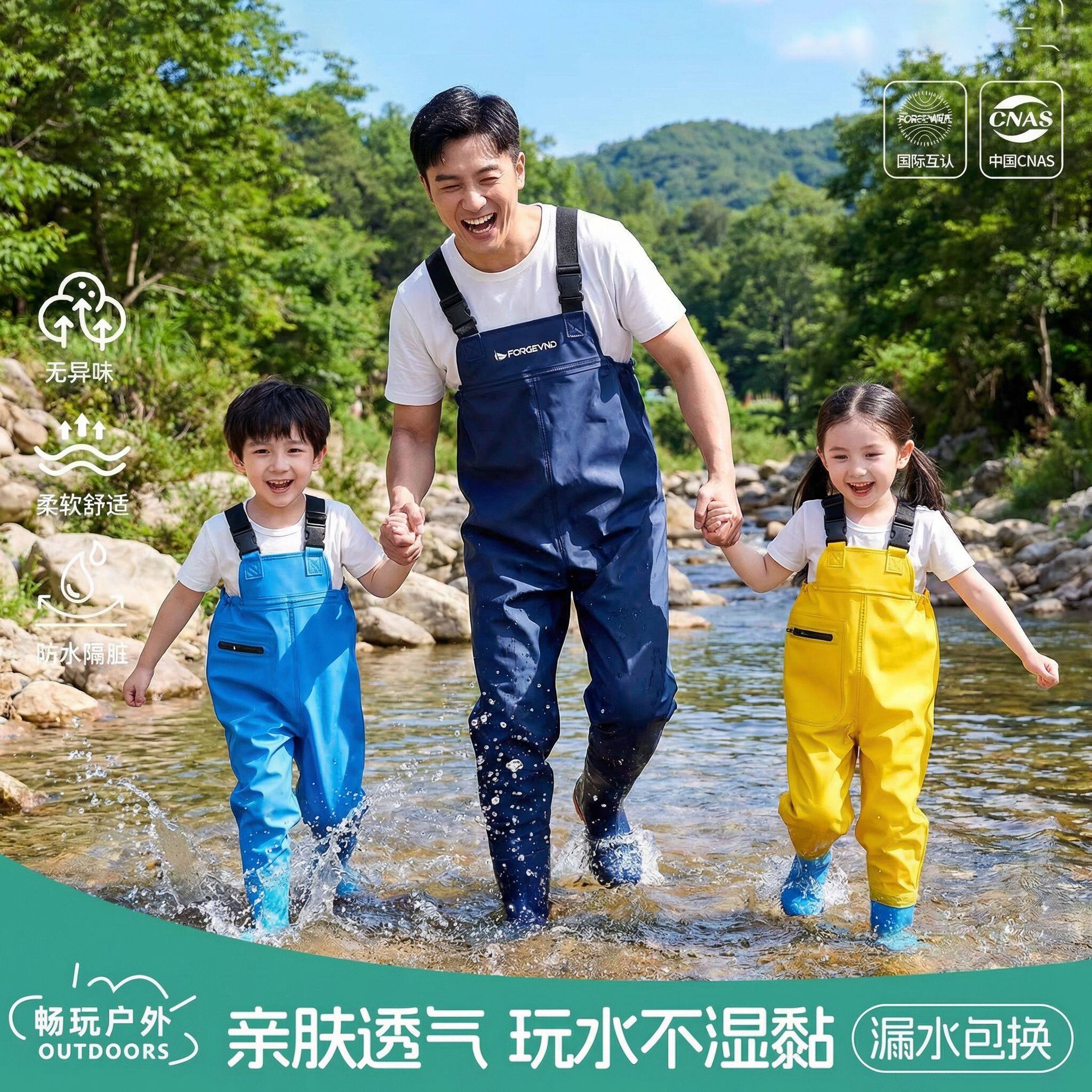 儿童赶海连体裤玩水服幼儿园全身防水雨裤雨靴一体下水裤涉水装备