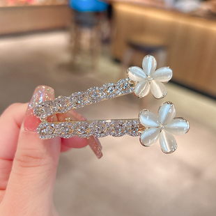 小巧精致仿猫眼花朵鸭嘴夹奢华高端水钻一字夹侧边刘海发夹女头饰