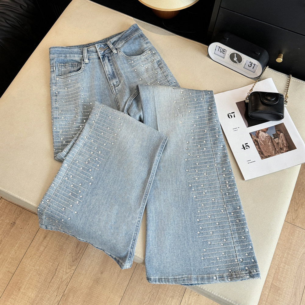 实拍韩系设计感轻奢侧面烫欧钻超闪牛仔裤女高腰直筒不贴腿微喇裤,女装/女士精品,牛仔裤,淘宝优惠券,粉丝福利购,淘宝优惠卷