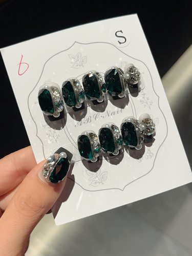 【A16】k9爆闪祖母绿美甲成品纯手工定制可拆卸穿戴甲短款