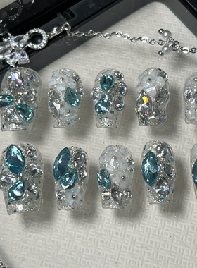 【B33】琉璃冰花蓝色水波纹冰花美甲手工穿戴甲夏日显白美甲