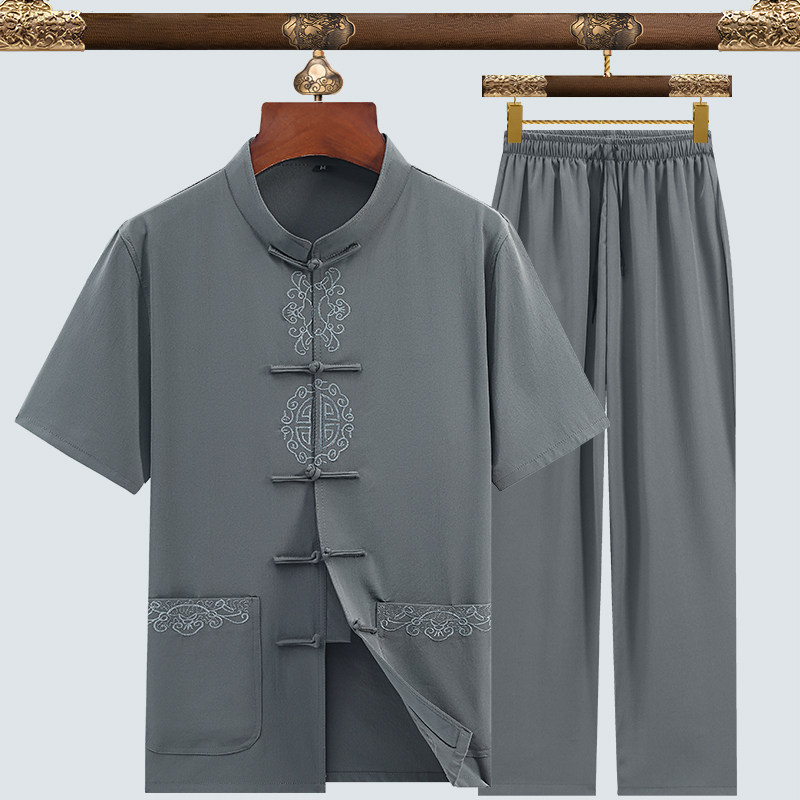 中老年唐装男短袖夏天爸爸 透气舒适半袖中国风爷爷上衣套装