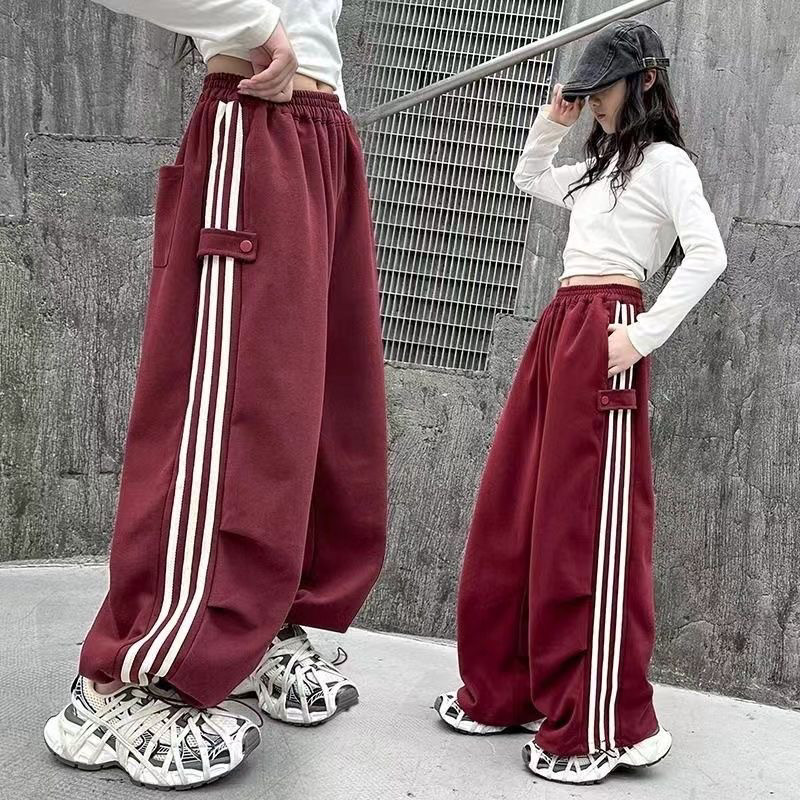 女童阔腿裤春夏款2025儿童裤子中大童女孩初中生三道杠红色休闲裤