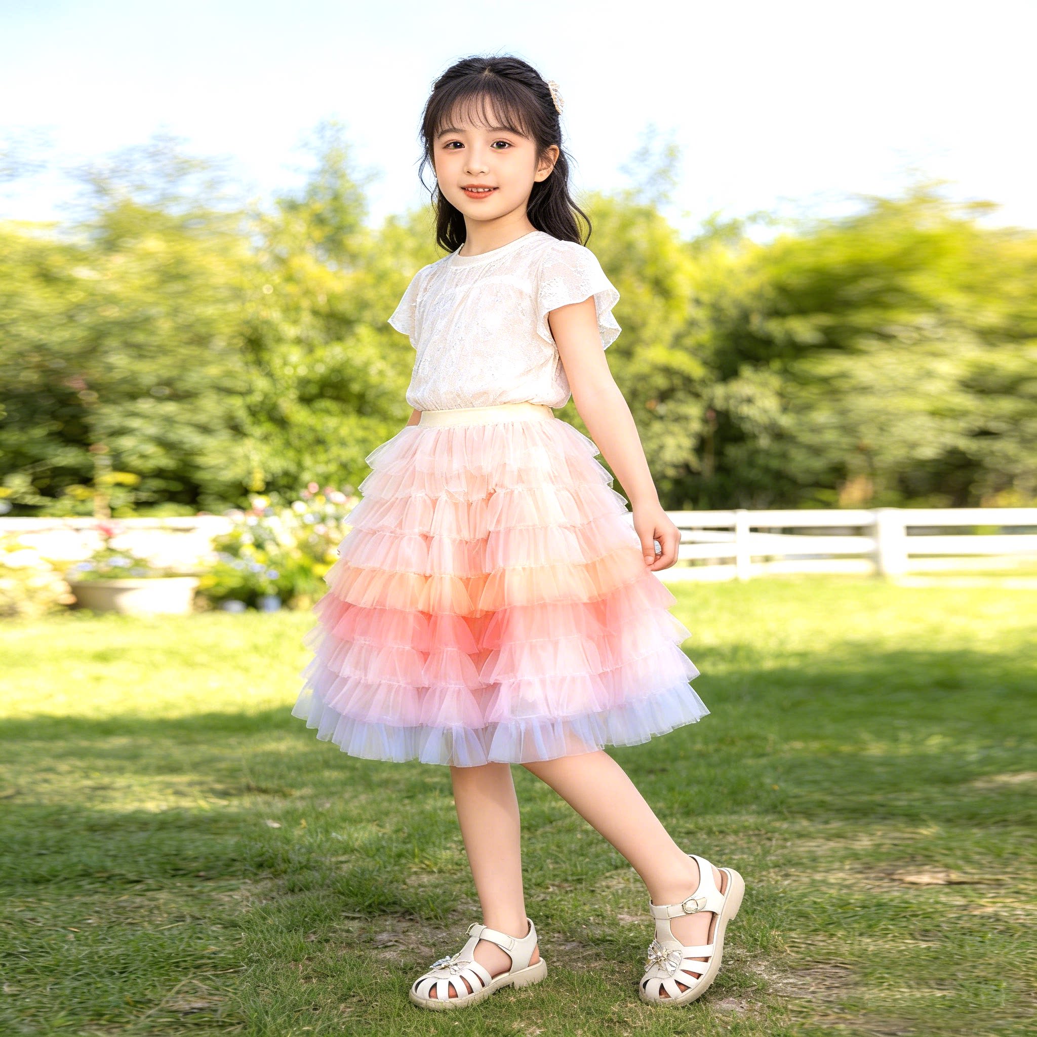 女童蛋糕裙半身裙软柔网纱公主多层渐变色女孩篷篷裙儿童裙中裙
