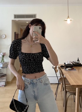 「孤品清仓」UO原复古方领短款T恤泡泡袖上衣78 | 仅剩7件 XSS码