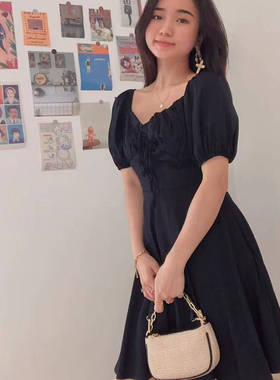 「孤品清仓」法式纺缎面淑女方领短袖连衣裙2728 | 仅剩2件 M码