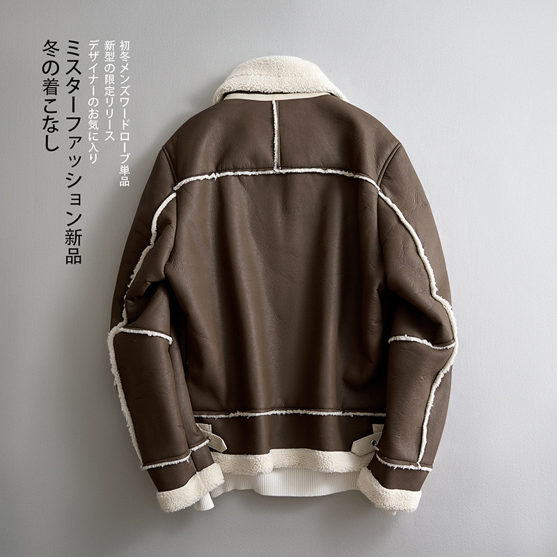 2025新款皮毛一体机车服外套休闲短款翻领男士夹克F523*P265控399,男装夹克,电商D221(原钱塘6000)