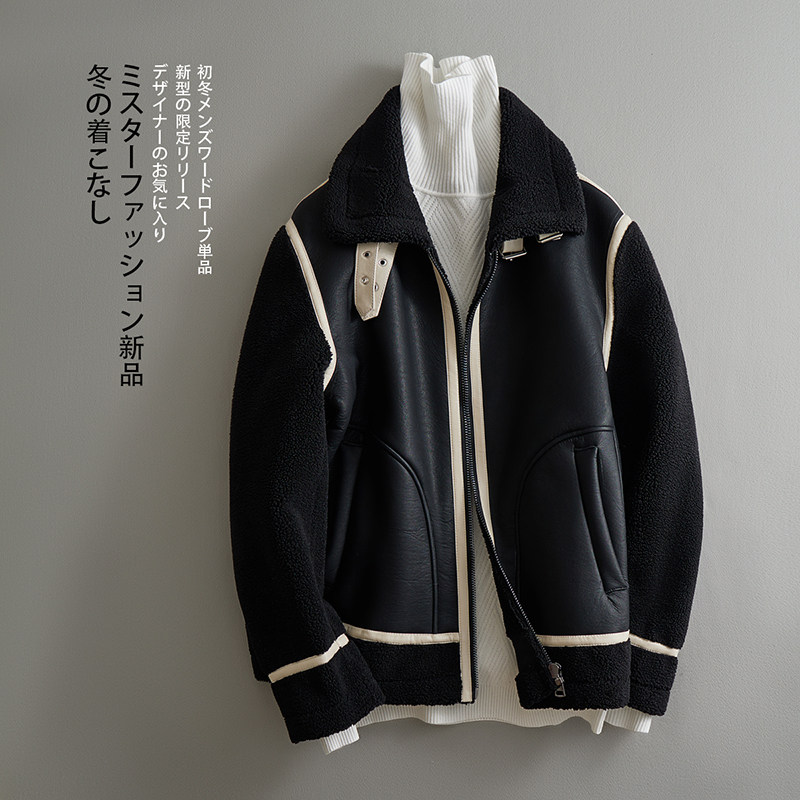 2025新款皮毛一体机车服外套休闲短款翻领男士夹克F525*P265控399图片