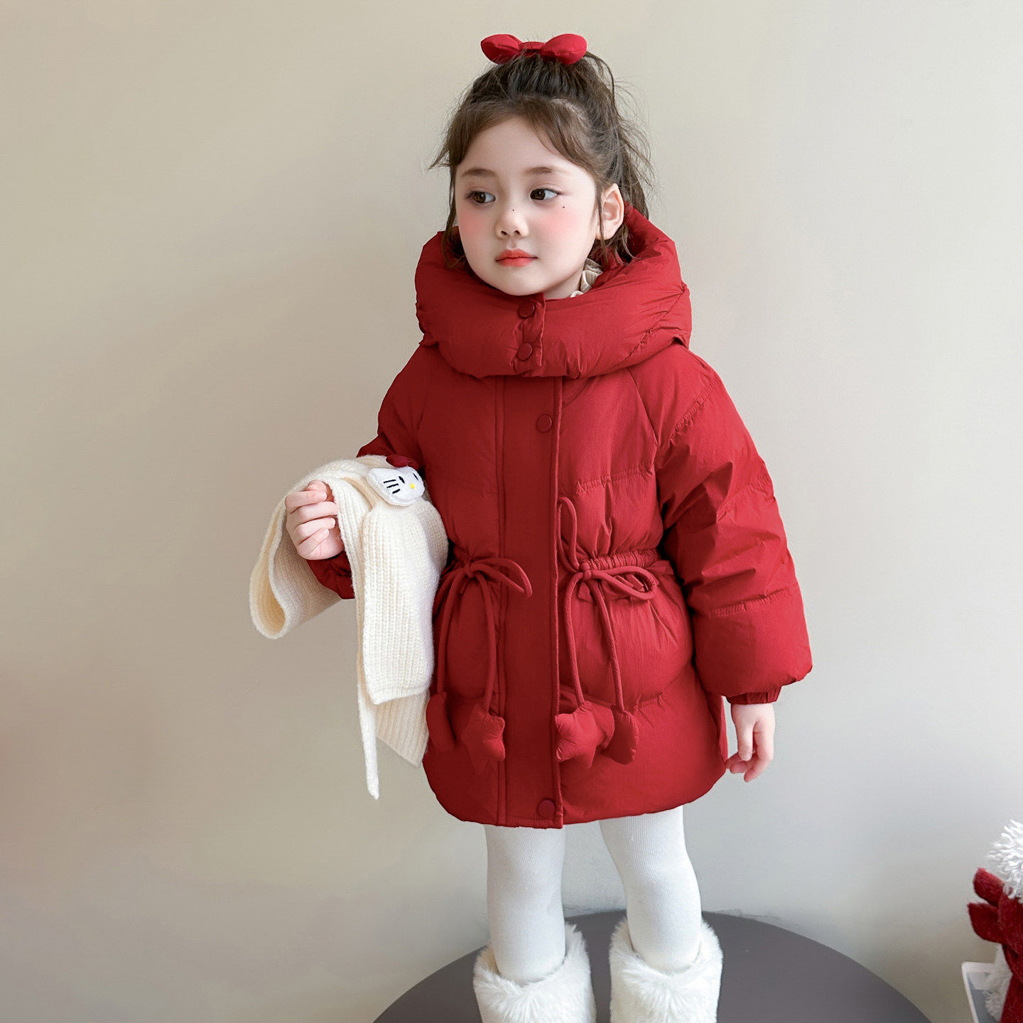 英国DHWA女童羽绒服冬装儿童冬季洋气红色中长款宝宝收腰韩系外套