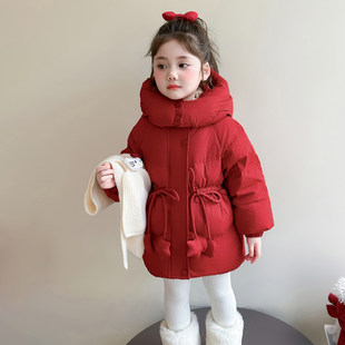 英国DHWA女童羽绒服冬装儿童冬季洋气红色中长款宝宝收腰韩系外套