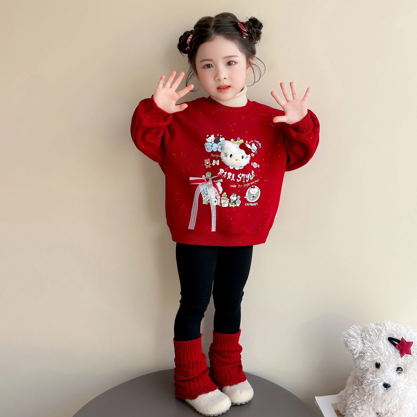 英国DHWA女童卫衣秋冬季加绒儿童红色女宝宝过年拜年服一体绒猫咪,童装/婴儿装/亲子装,卫衣/绒衫,淘宝优惠券,粉丝福利购,淘宝优惠卷