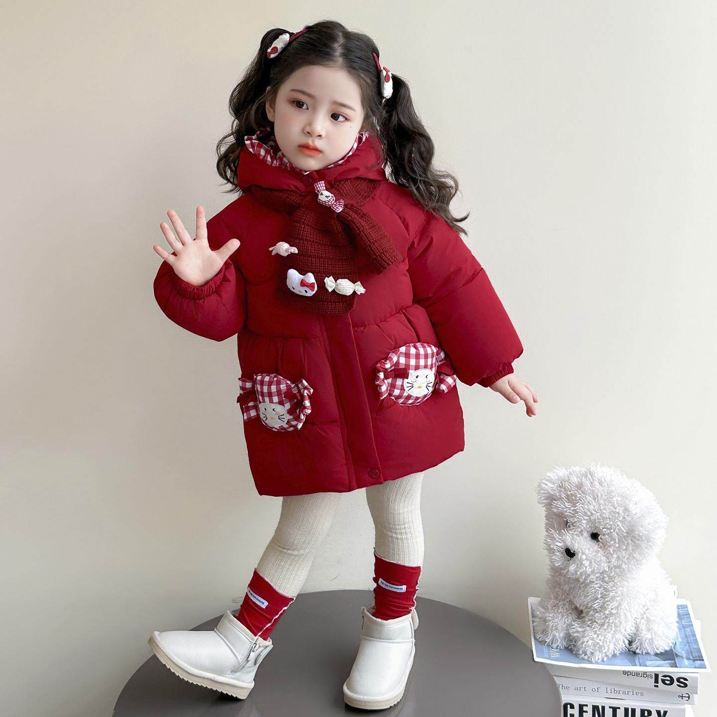 英国DHWA女童羽绒服冬装儿童糖果加厚女宝宝秋冬季拜年服外套红色