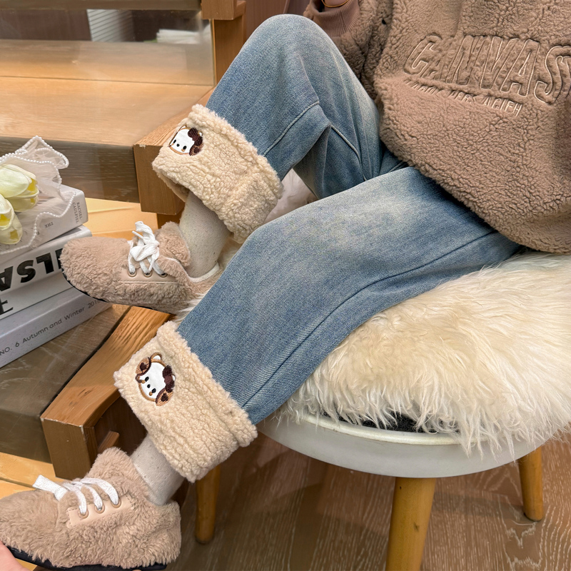 英国DHWA女童加绒牛仔裤秋冬儿童一体绒休闲长裤洋气女宝阔腿裤子