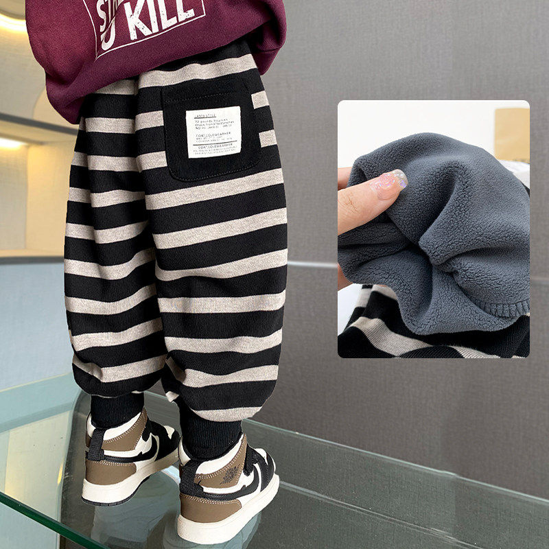 英国DHWA儿童裤子加绒休闲裤男童女幼儿园卫裤纯棉条纹薄绒一体绒