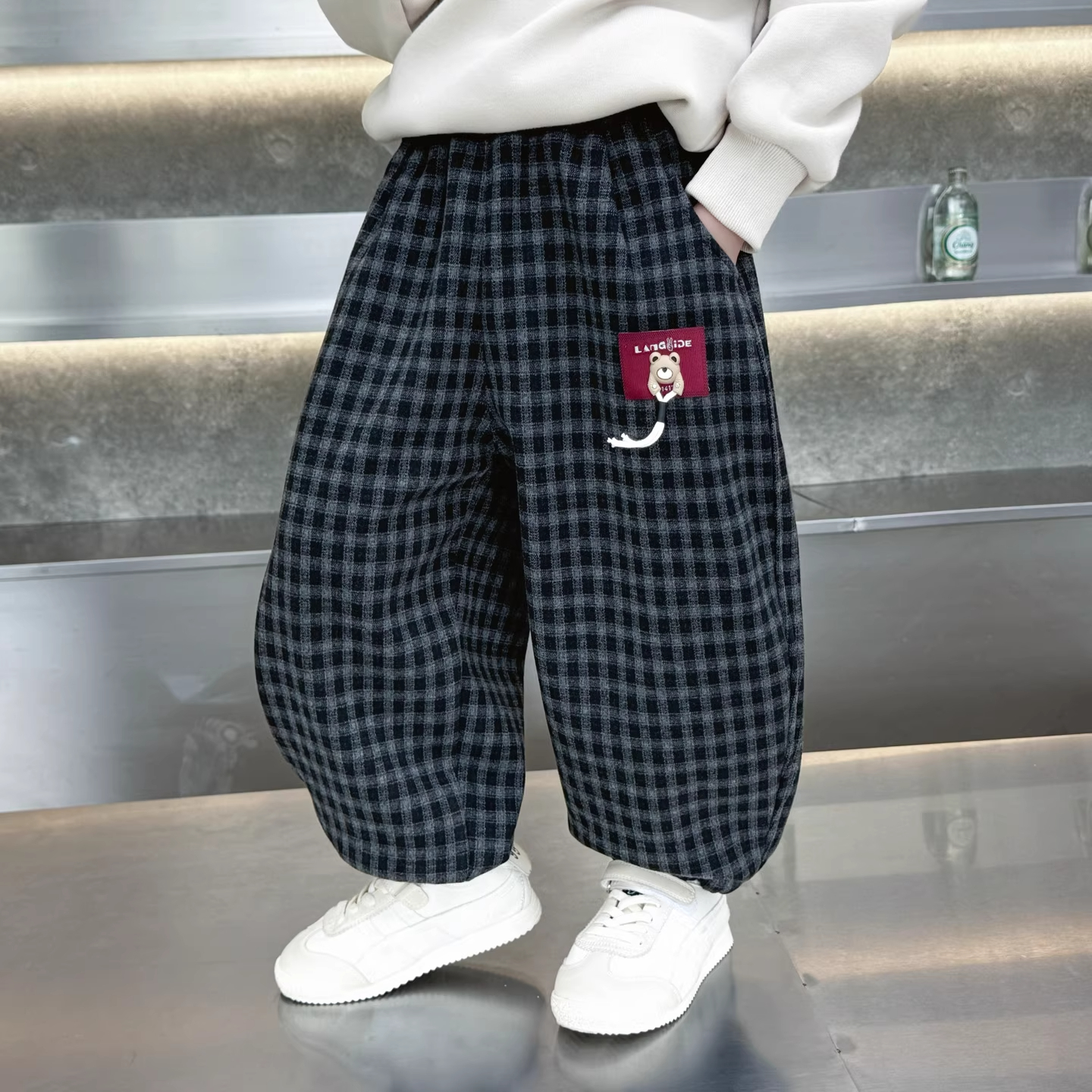 英国DHWA男童加绒裤子秋冬洋气儿童格子卫裤小男孩加厚休闲束脚裤