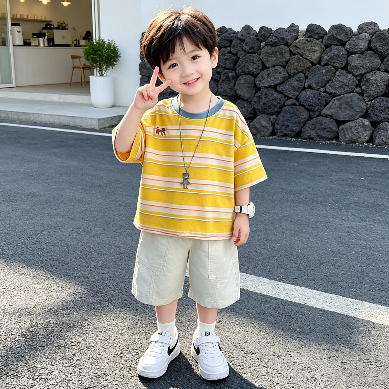 英国DHWA儿童套装男童夏装小男孩休闲条纹短袖工装裤宝宝夏季衣服