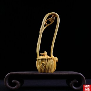 黄杨木雕刻一路连升实木喜鹊莲蓬高升家居办公装饰品摆件工艺品