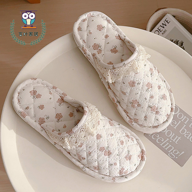 居家棉拖女碎花蕾丝边三层加厚透气静音软底防滑包头拖静音厚三层