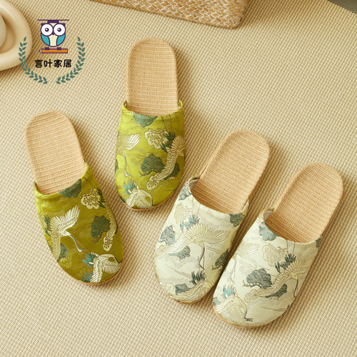 中式亚麻刺绣包头防滑静音女拖鞋