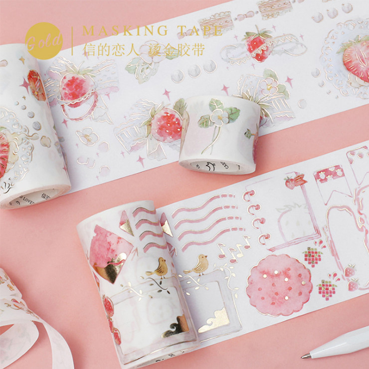 信的恋人草莓派对手账胶带贴纸烫金蕾丝花边粉色少女心装饰素材