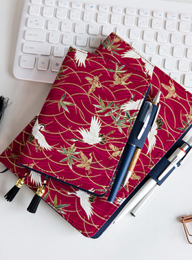 手账本子封皮红色仙鹤精装布艺书衣易烊千玺追星手帐蓝色刺绣