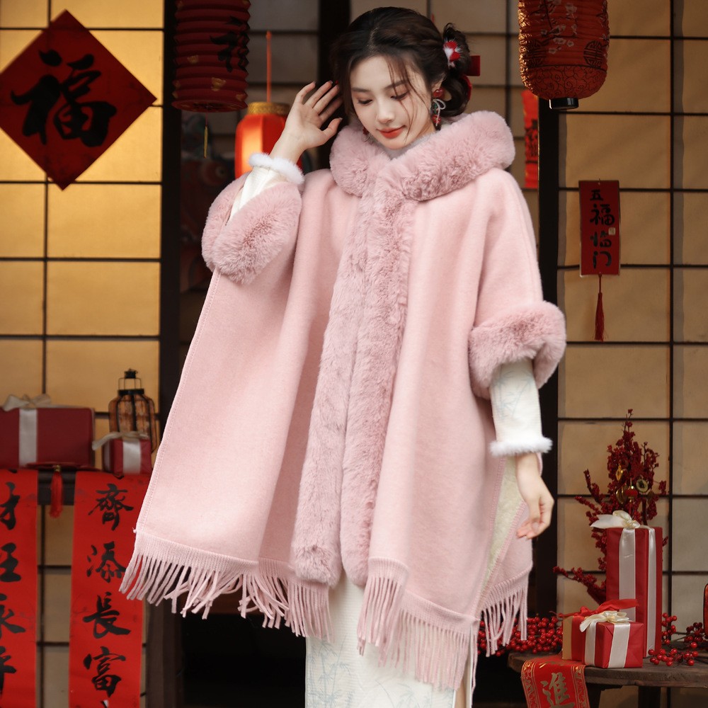 大小姐冬季旗袍外搭皮草防狐狸毛披肩斗篷女外套老上海复古民国