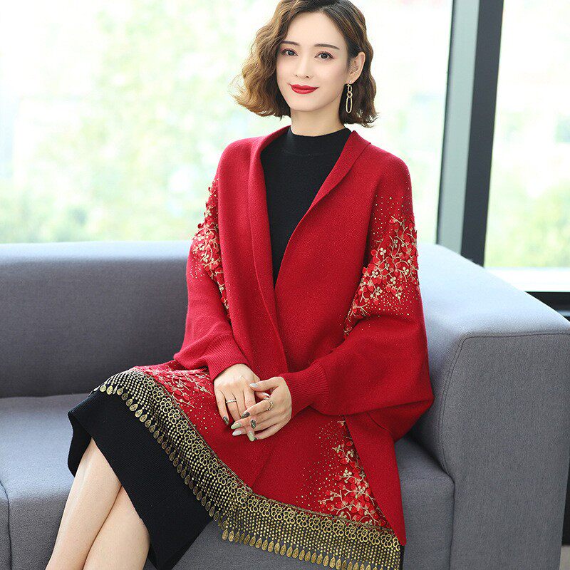 旗袍披肩秋冬外搭流苏开衫女妈妈带袖喜婆婆婚宴敬酒服针织外套