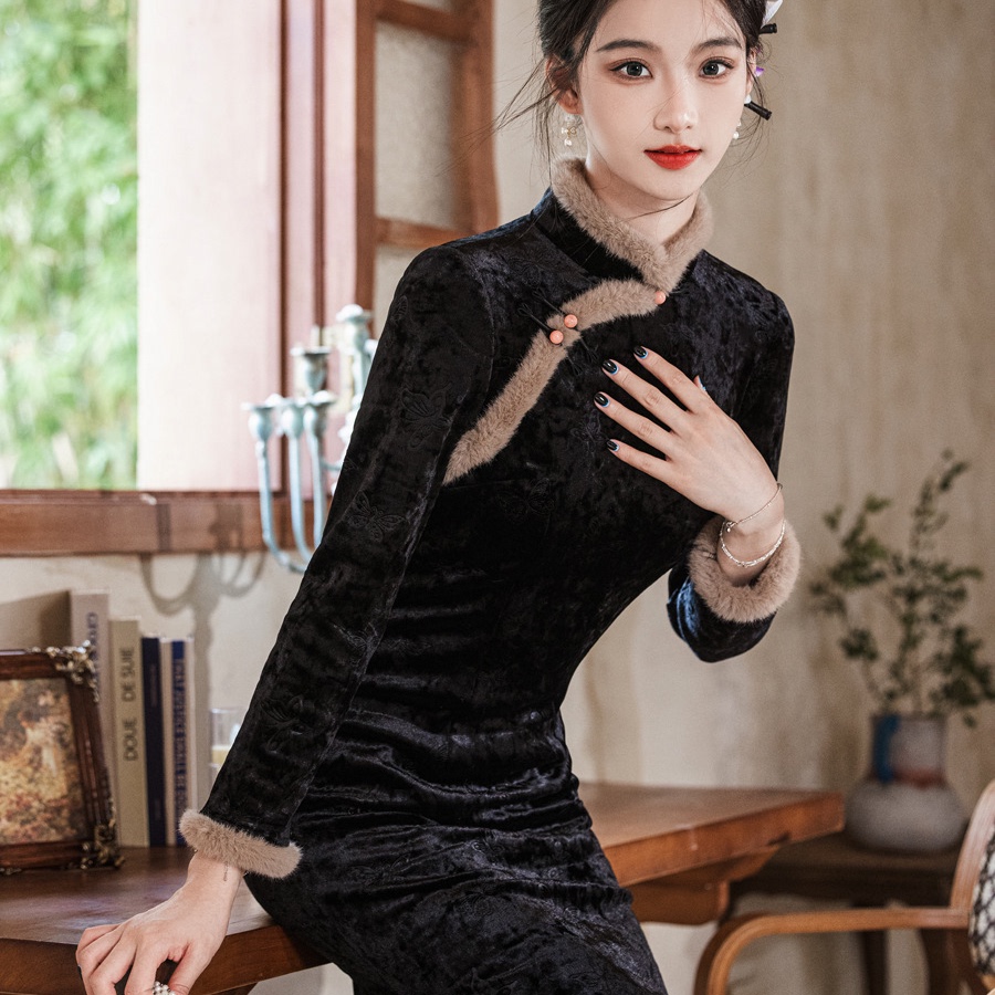 黑色旗袍冬装加绒加厚秋冬季长袖冬天新中式国风女装2025新款修身