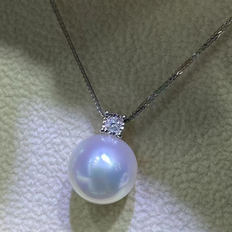 珍珠鸟珠宝18k金钻石海水澳白冷光珍珠吊坠项链11-12mm正圆送证书