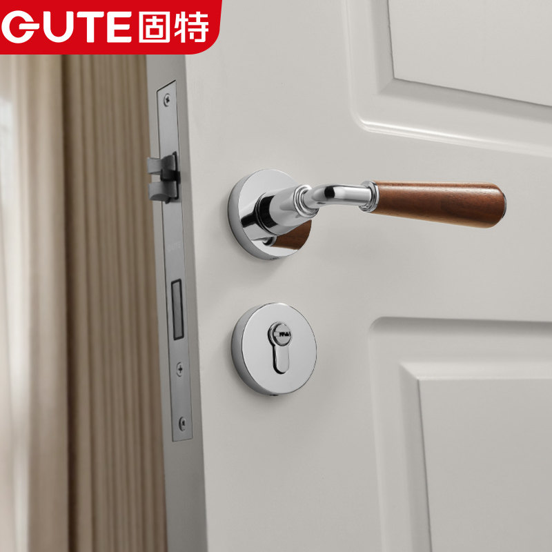 固特胡桃木室内静音门锁家用木质门把手卧室房间木门现代简约美式