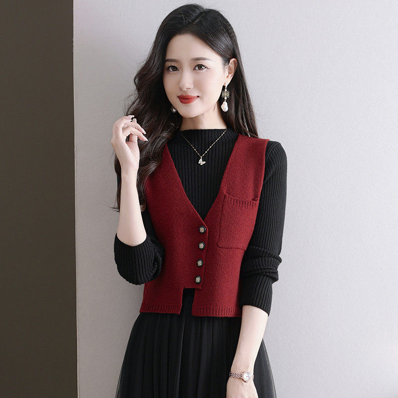 新中式马夹针织毛线马甲女安可拉红坎肩叠穿上衣短款毛衣春季外搭