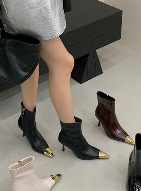 欧美金属尖头短靴女冬季细