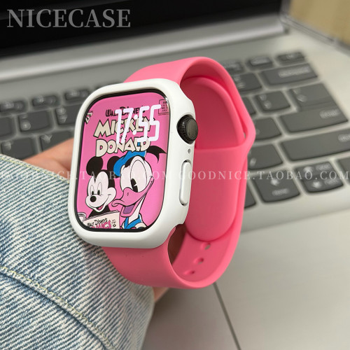 ins风亮粉表带白色表壳框适用苹果iwatchs11代applewatchs10s9se3