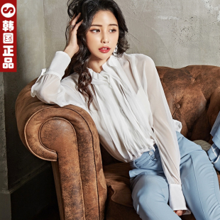 韩国东大门代购夏淑女性感微透雪纺衫长袖薄纱宽松上衣衬衫洋气仙